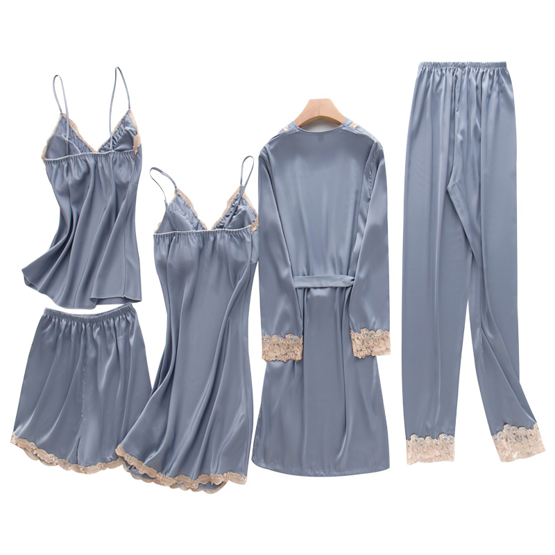 睡衣女冰丝带胸垫五件套夏带短裤套装性感春秋长袖家居服两件套