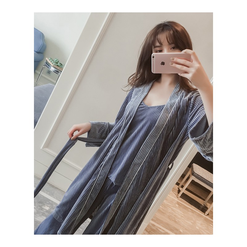 睡衣女秋韩版金丝绒春秋冬长袖三件套装性感夏带宽松大码家居服