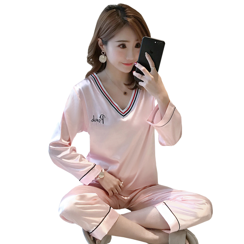睡衣女冰丝长袖秋季甜美可爱少女宽松丝绸可外穿家居服两件套学生