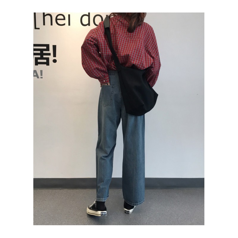 秋装韩版女装宽松显瘦阔腿裤高腰直筒牛仔裤复古百搭休闲学生长裤