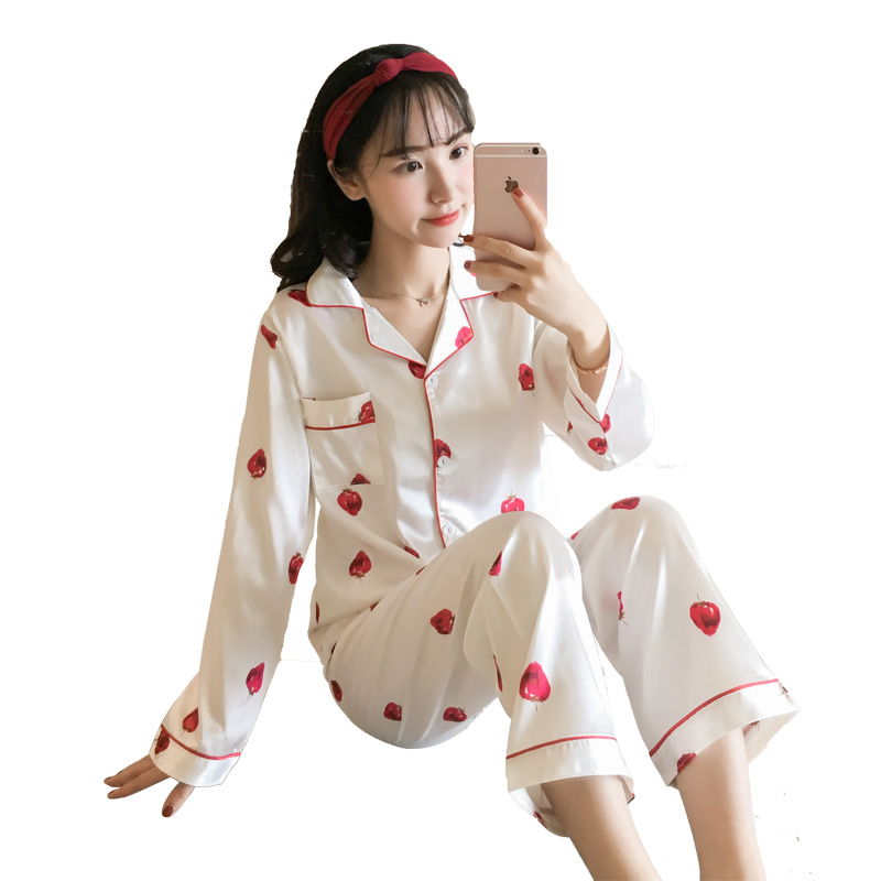 冰丝睡衣女春秋韩版长袖两件套装可爱日系学生少女软妹薄款家居服