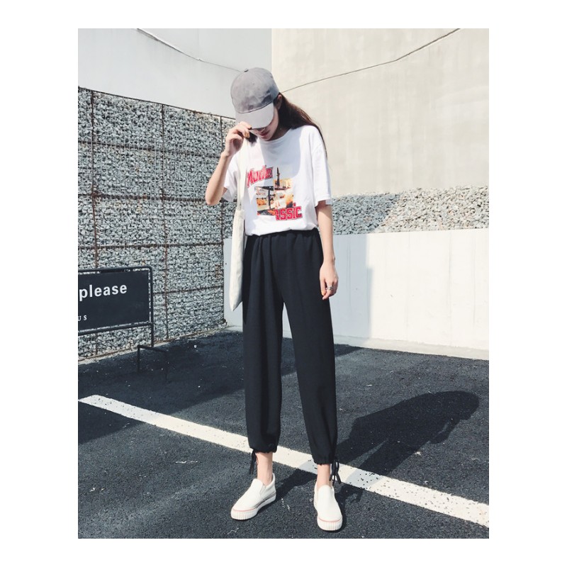 阔腿裤女夏秋新款2018韩版宽松高腰百搭九分束脚萝卜裤黑色休闲裤