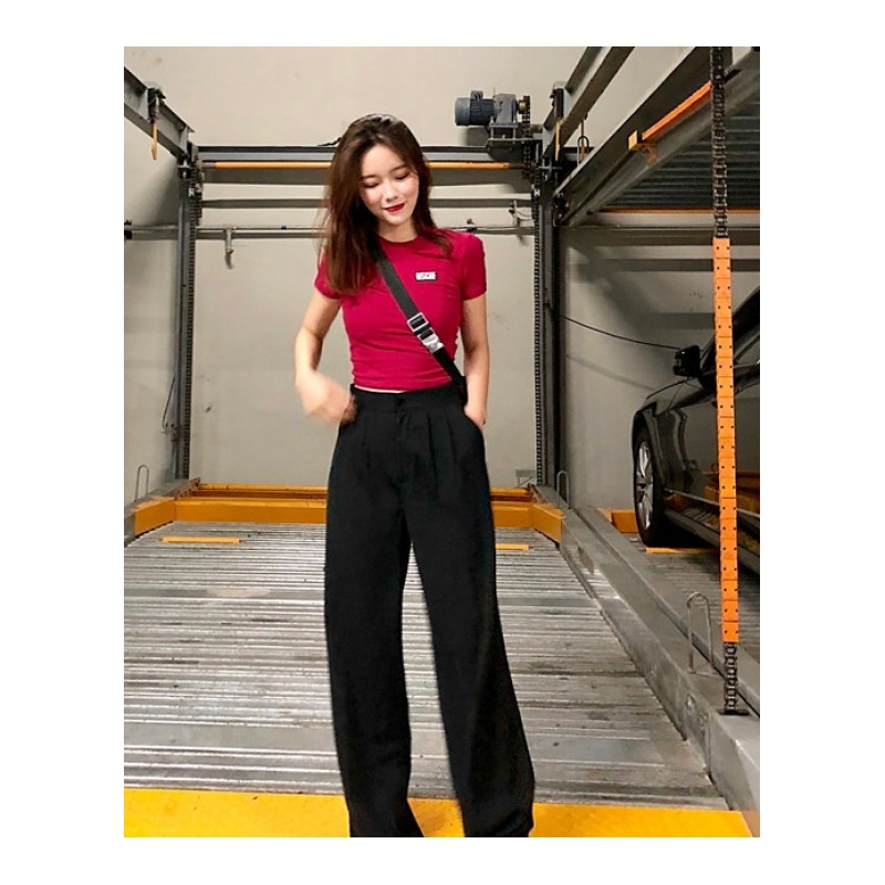 早秋韩版宽松黑色显瘦时尚拖地长裤女装夏季高腰阔腿直筒休闲裤子