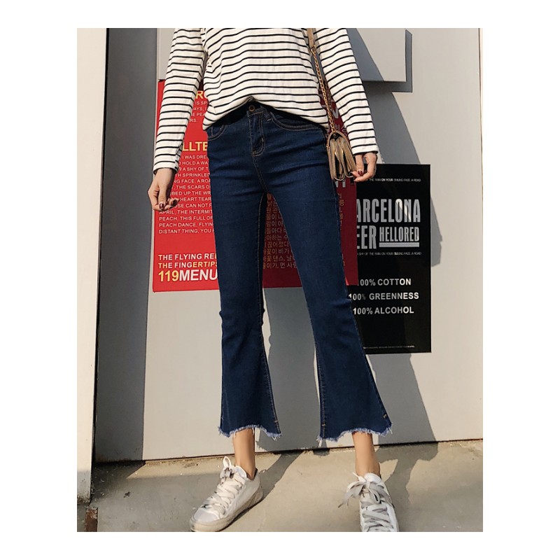 2018春秋新款韩版黑色微喇叭九分牛仔裤女高腰显瘦毛边弹力阔腿夏