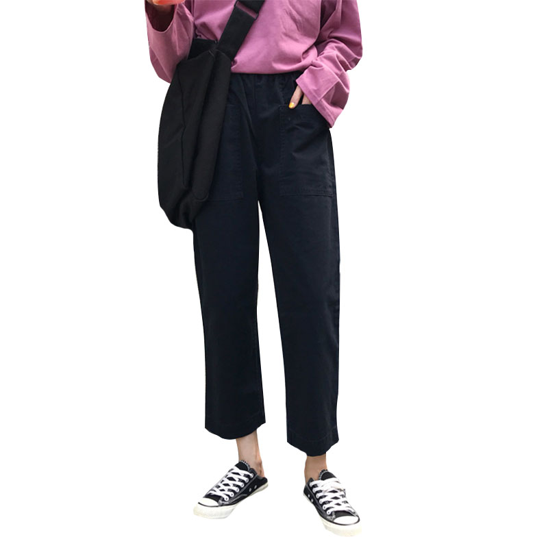 秋季女装韩版BF风宽松工装裤子九分裤松紧腰直筒裤阔腿裤休闲裤潮