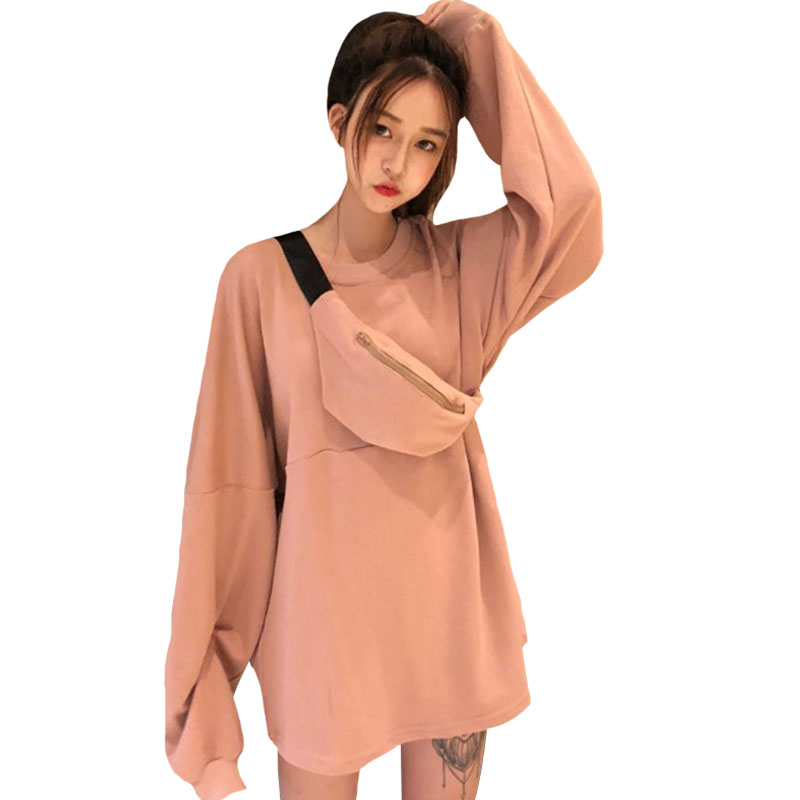 秋装女装韩版宽松薄款纯色圆领套头卫衣中长款长袖上衣外套+挎包