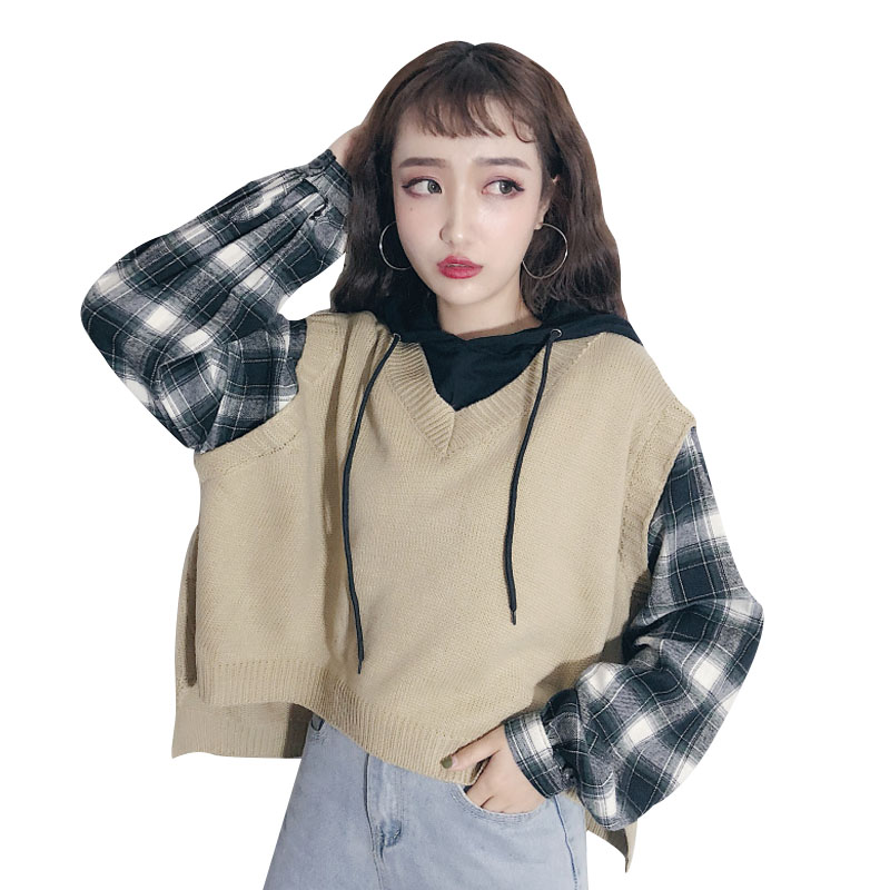 2018新款秋季韩版BF风宽松连帽假两件拼接长袖套头卫衣上衣外套女