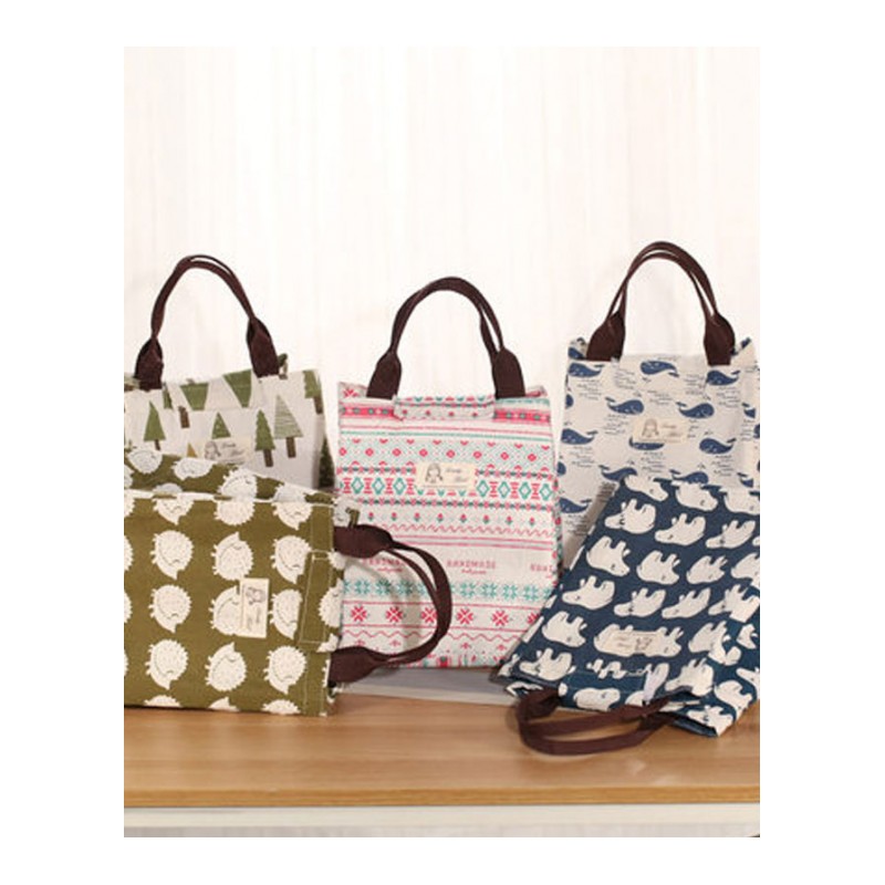 趣涉家居 大号日式挡水手提饭盒袋子小学生保温便当包带饭装午餐拎包棉麻包 生活日用收纳用品收纳袋居家用品