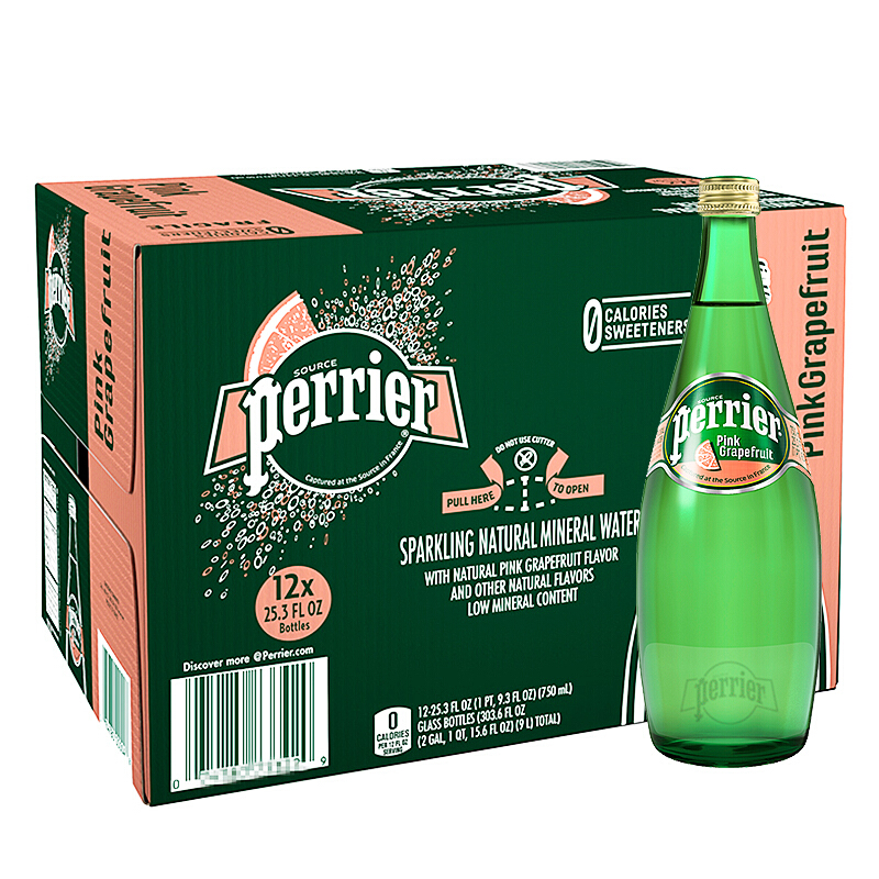 巴黎水(Perrier) 西柚味 750ml*12玻璃瓶 含气饮料 气泡水