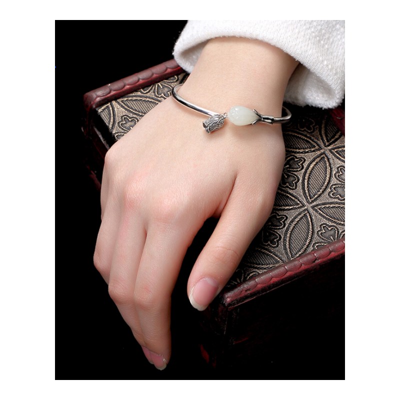 原创设计 925纯银文艺和田玉兰花手镯女森系简约开口手环饰品礼物