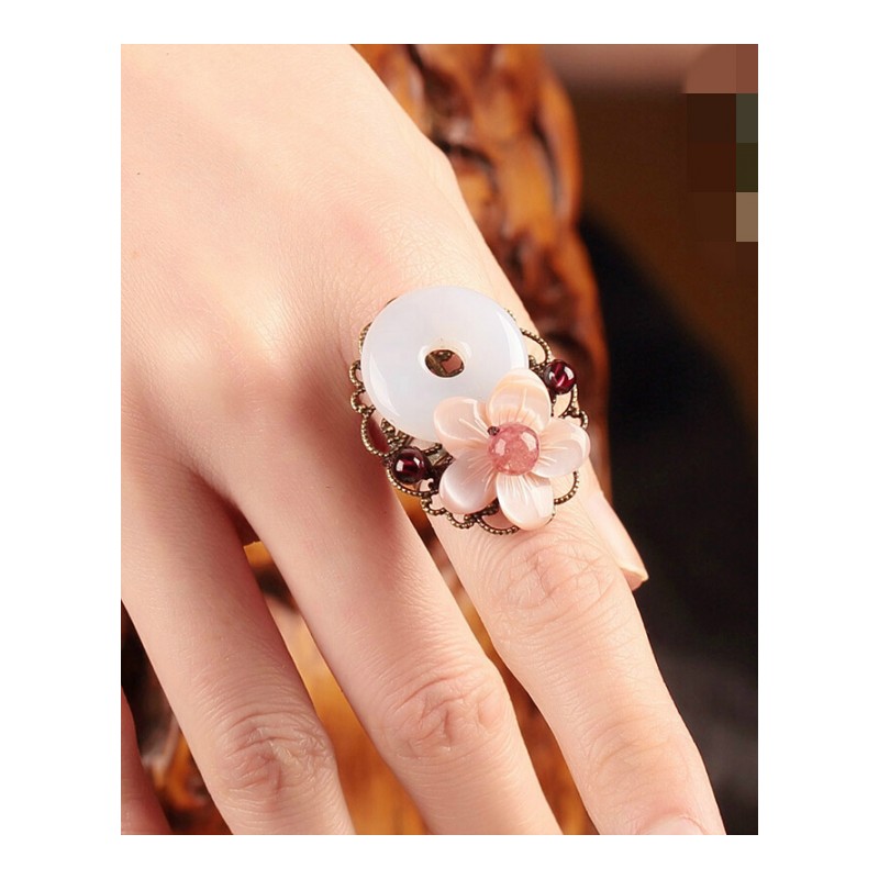 平安扣贝壳花朵中国风古风戒指指环开口可节复古清新手饰品女 均码
