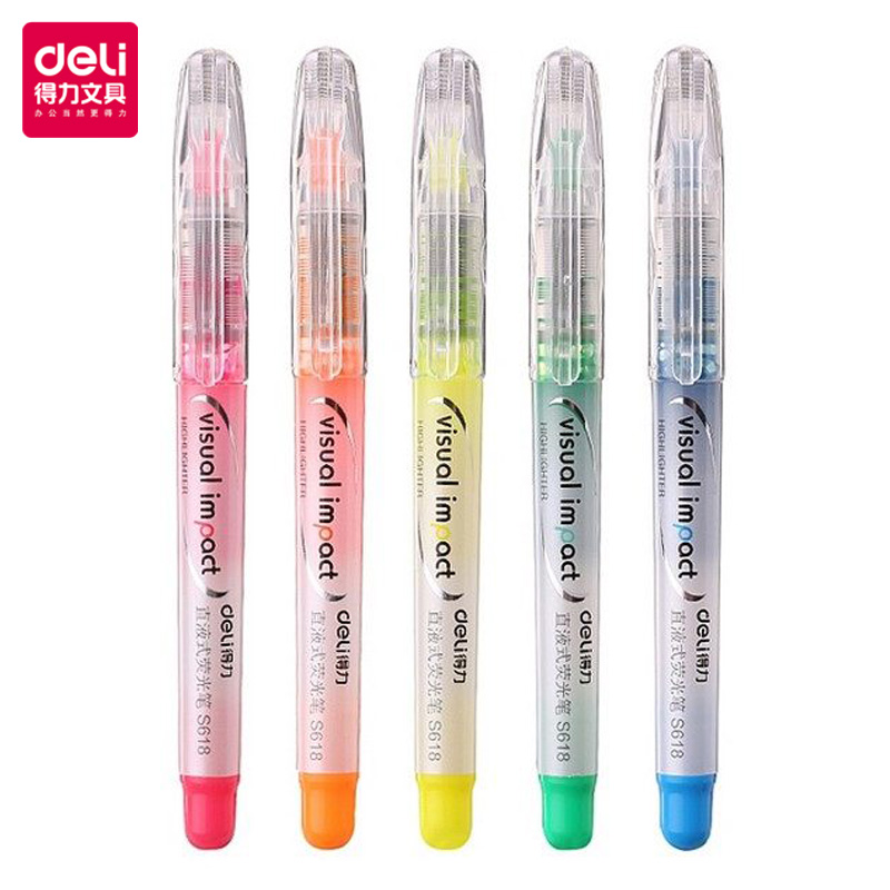 得力S618直液式荧光笔五色装学生作业考试重标点记笔记号涂鸦绘画