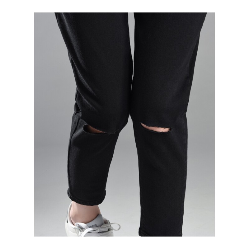 春季高腰宽松牛仔裤女破洞黑色九分裤休闲裤胖mm哈伦小脚萝卜裤潮黑破