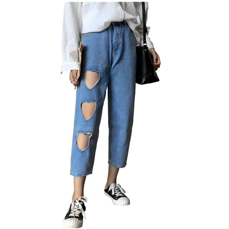 做旧破洞牛仔裤女学院风宽松漏洞高腰萝卜裤牛仔哈伦裤九分裤长裤浅