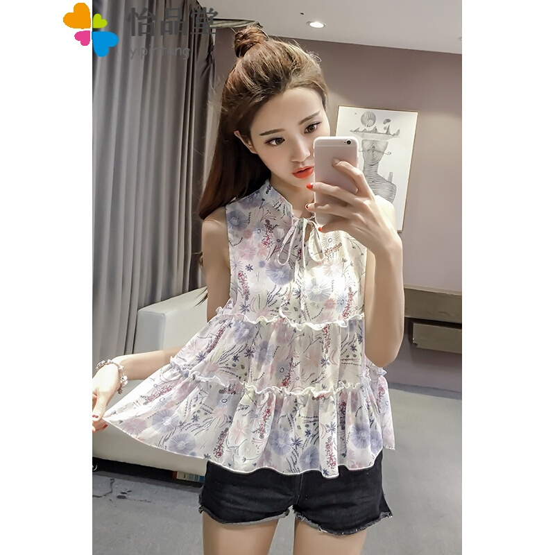 2018夏装新款韩版系带木耳边无袖碎花娃娃衫甜美显瘦雪纺衫上衣女