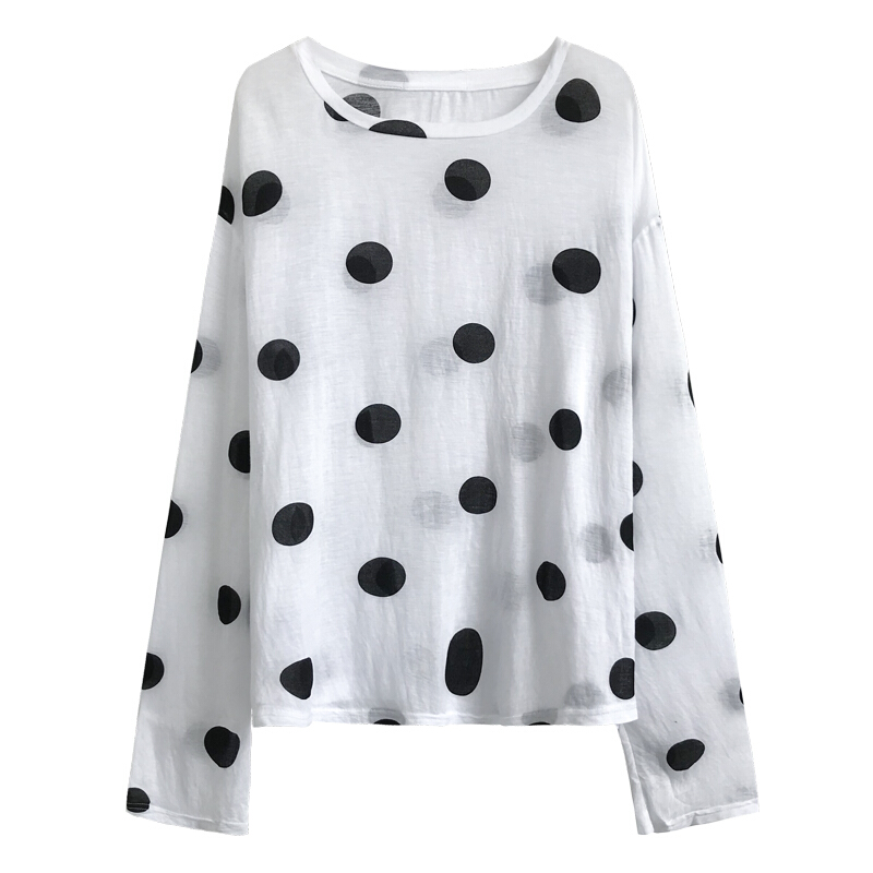 波点宽松显瘦薄款圆领长袖t恤女早秋2018新款休闲上衣潮白色
