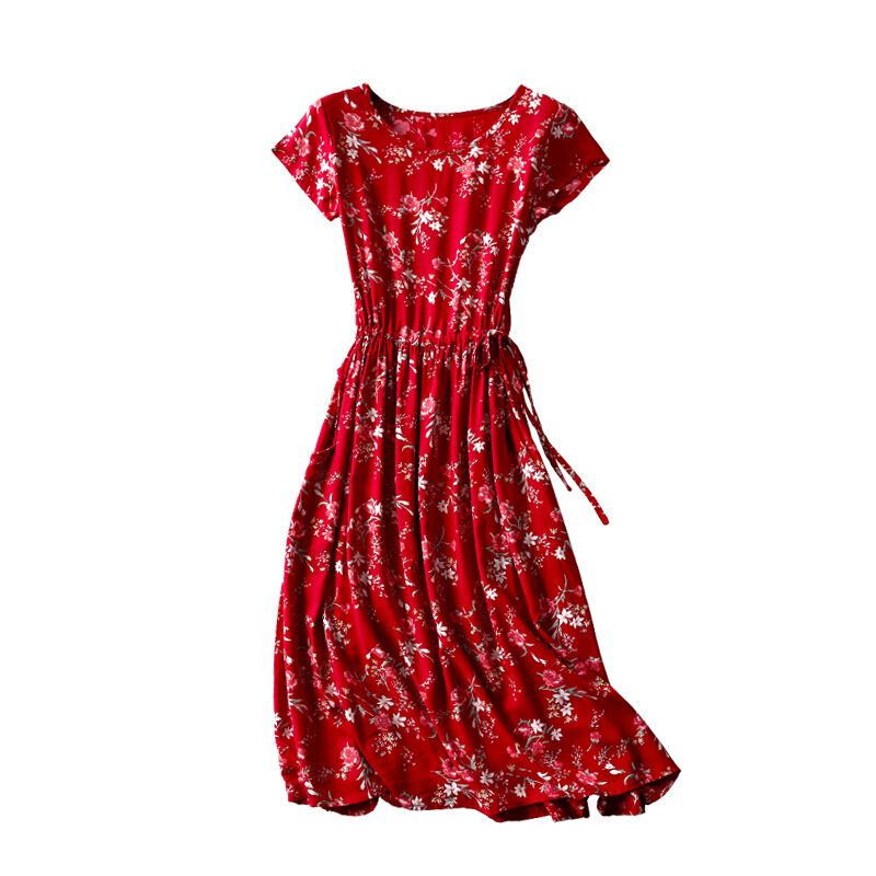 新款2018夏季棉绸连衣裙女绵绸碎花大摆裙系带收腰人造棉短袖中长裙