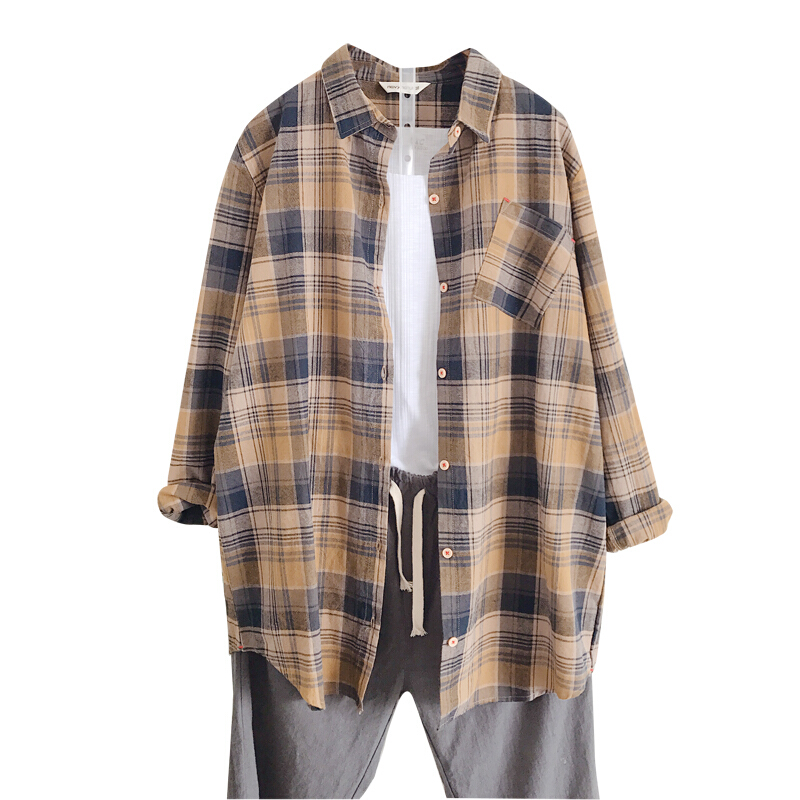 秋季女装复古文艺范彩格子宽松大码格纹衬衫女长袖中长款棕格均码