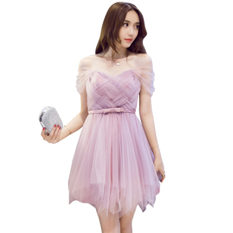 伴娘服短裙2018新款韩版小礼服姐妹裙香槟色一字肩伴娘礼服