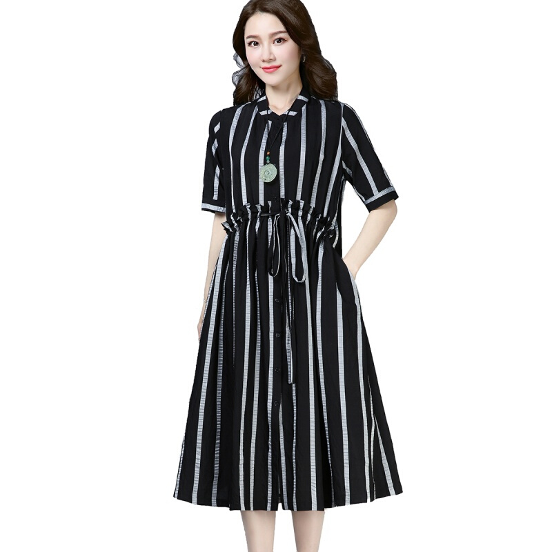 连衣裙涤纶通勤宽松腰衬衫袖单件a字裙2018年夏季短袖纽扣拼接a型条纹
