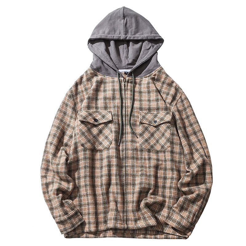 2018秋装新款格子连帽衬衫长袖宽松气质情侣装外套