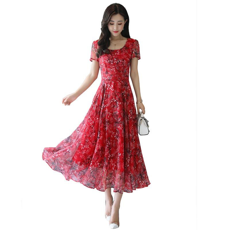 2018春新款女装韩版修身显瘦碎花裙子红色印花长裙雪纺连衣裙女夏红色