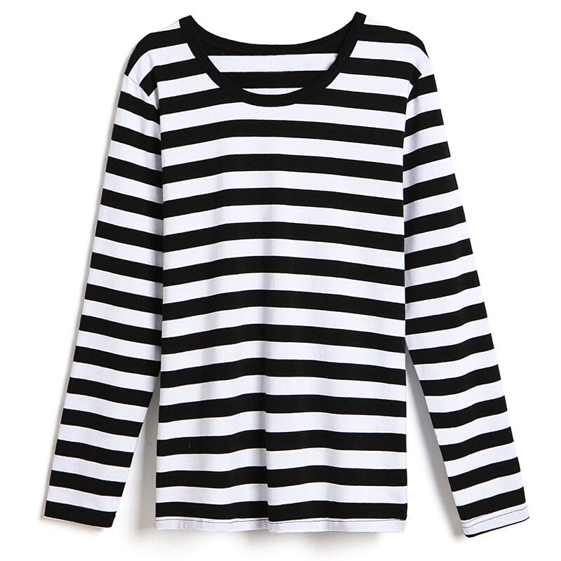 黑白条纹t恤女中长款大码宽松韩版长袖上衣打底衫秋衣女外穿条纹中长