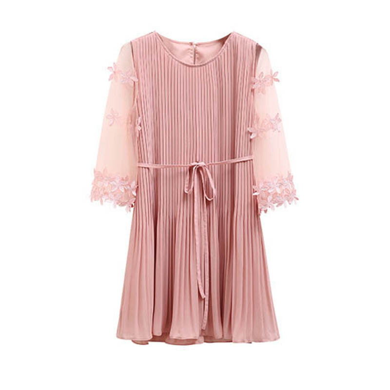 夏季樱花粉色收腰雪纺超仙连衣裙高腰温柔裙气质女神范衣服小个子粉红