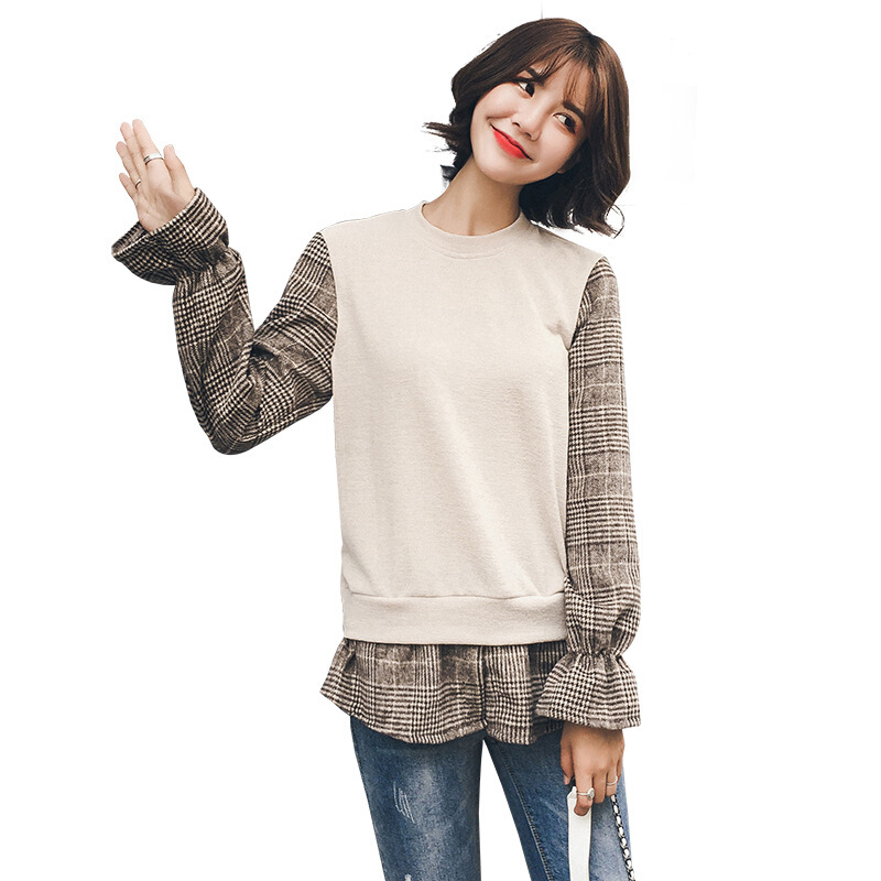 2018秋大码圆领套头针织拼接假两件打底衫宽松上衣杏色