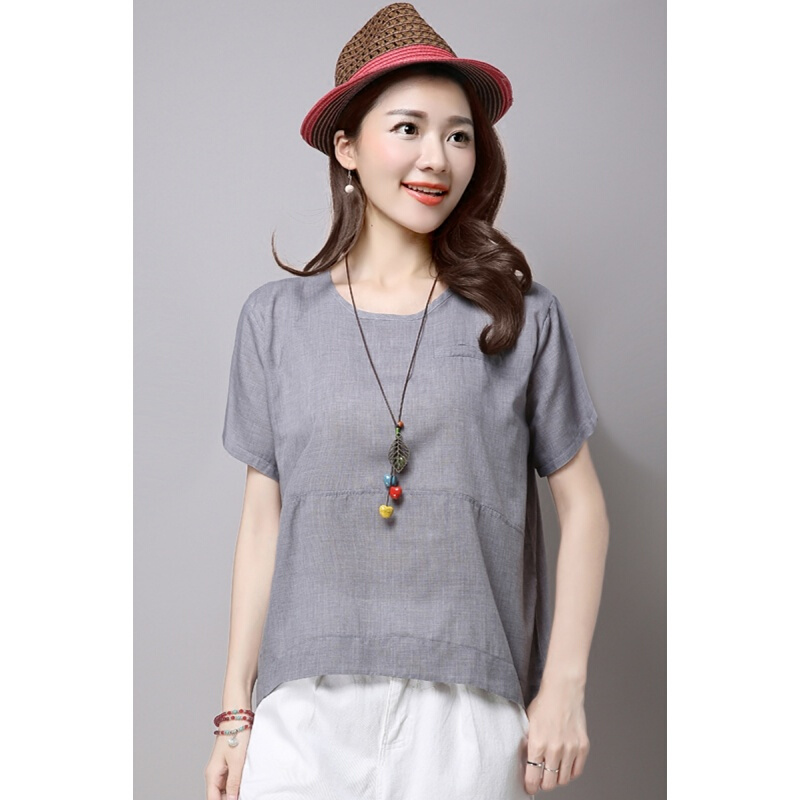 棉麻短袖t恤夏季新款女装宽松大码圆领亚麻文艺百搭亚麻上衣体恤