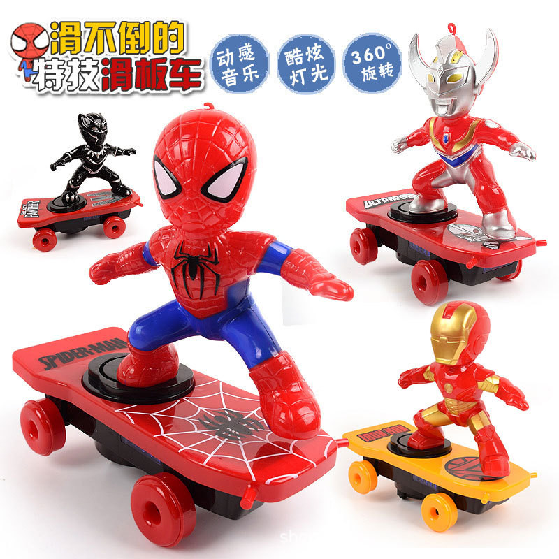电动特技滑板车 蜘蛛侠抖音同款旋转翻滚音乐灯光儿童卡通玩具