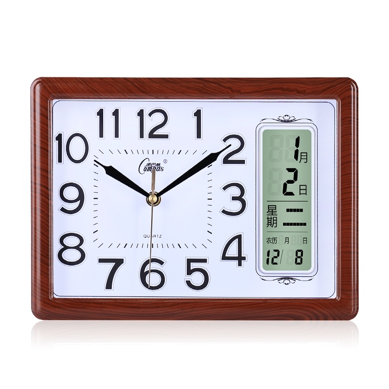 康巴丝(Compas)座钟表客厅卧室万年历 日历时钟石英钟现代电子台挂钟 12英寸(直径30.5厘米) 木纹色 日历款
