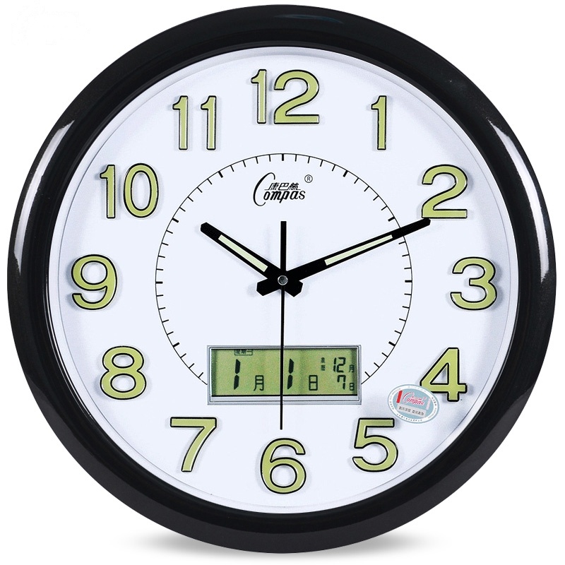 康巴丝(Compas)创意时钟艺术日历石英钟万年历现代壁挂表 16英寸(直径40.5厘米) 经典黑 日历夜光款(有液晶)