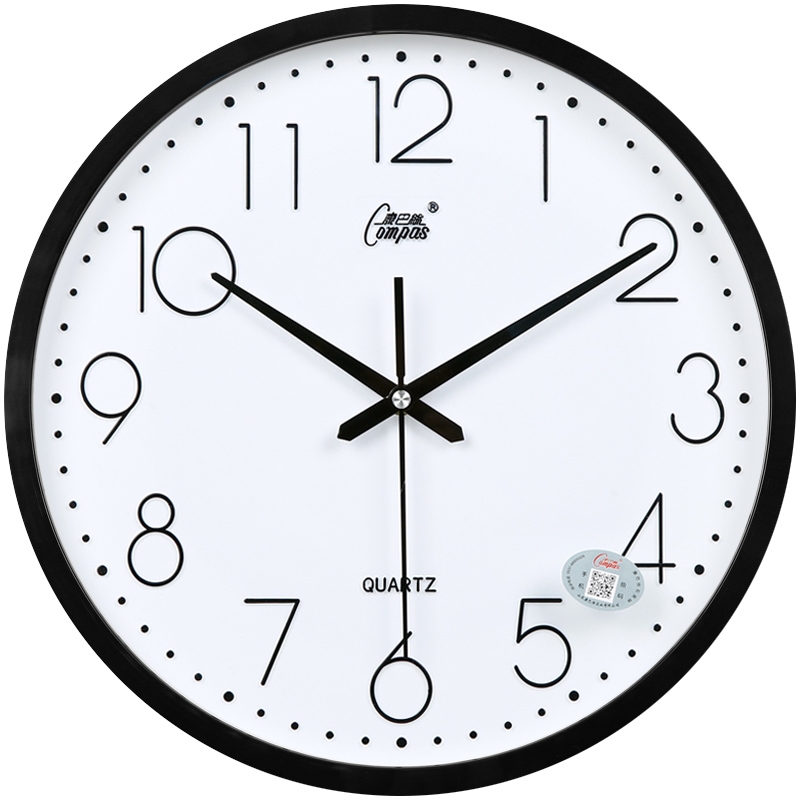 康巴丝(Compas)钟表挂钟客厅圆形宜家创意时钟挂表简约现代 电子石英钟 14英寸(直径35.5厘米) 黑色 白盘