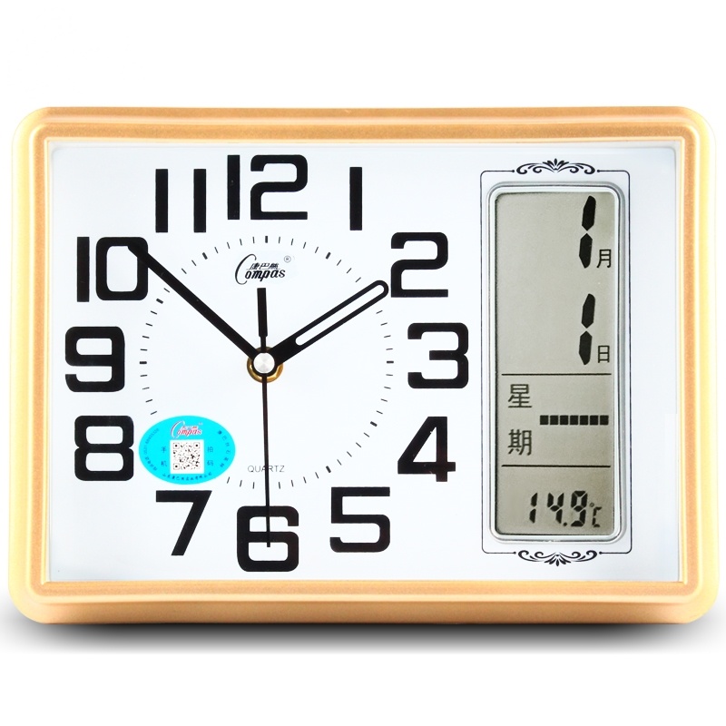 康巴丝(Compas) 钟表日历卧室石英钟时尚方形钟简约电子钟田园创意座钟 10英寸 2991金色日历 抖音