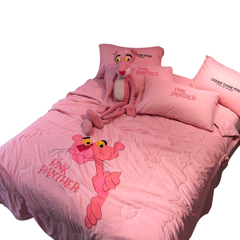 ins网红卡通粉红豹床上四件套少女顽皮豹被套被罩三件套1.5m床单