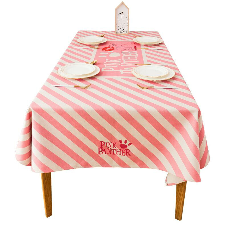 卡通粉红豹棉麻餐桌布ins茶几桌布长方形布艺小清新加厚圆桌台布