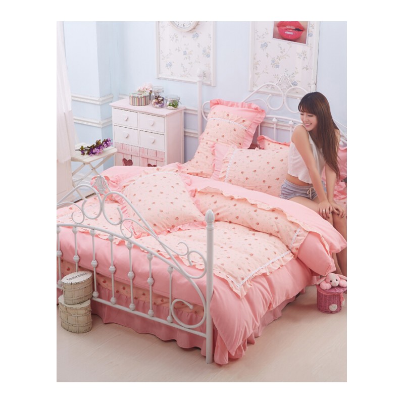 韩版公主风床裙四件套棉蕾丝单双人2.0m棉被套床单被罩床罩藕色米菲兔床罩枕芯
