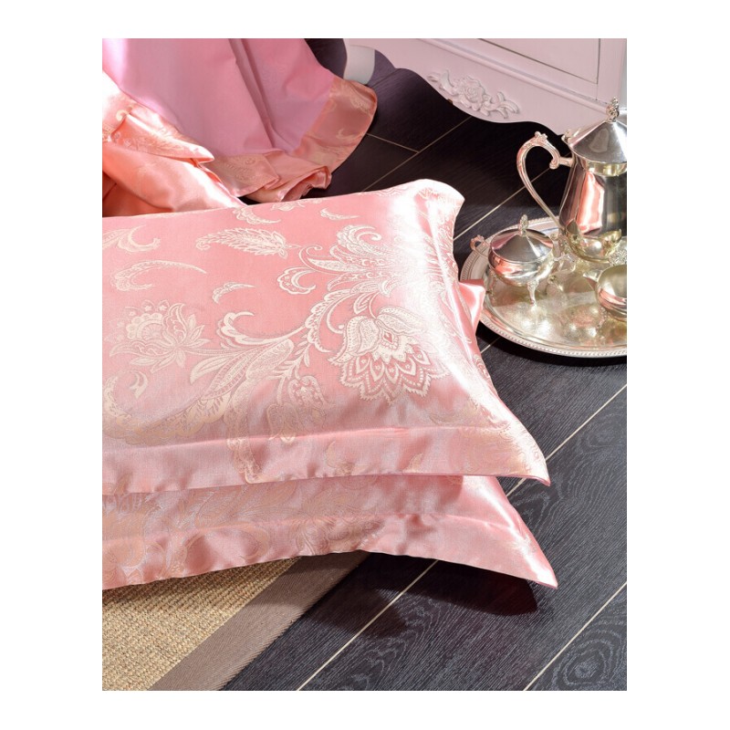 金色一对装欧式提花贡缎粉色大红色紫色枕巾忱巾刺绣大花艾瑞拉-紫兰枕套一对48cmX74cm