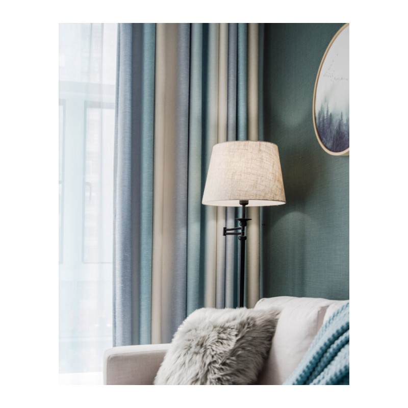 客厅窗帘成品现代简约地中海美式渐变条纹卧室百搭棉麻遮光布卡缇吉斯半遮光款