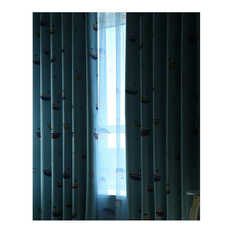 蓝色地中海窗帘成品落地窗卡通儿童房窗帘布男孩卧室全遮光