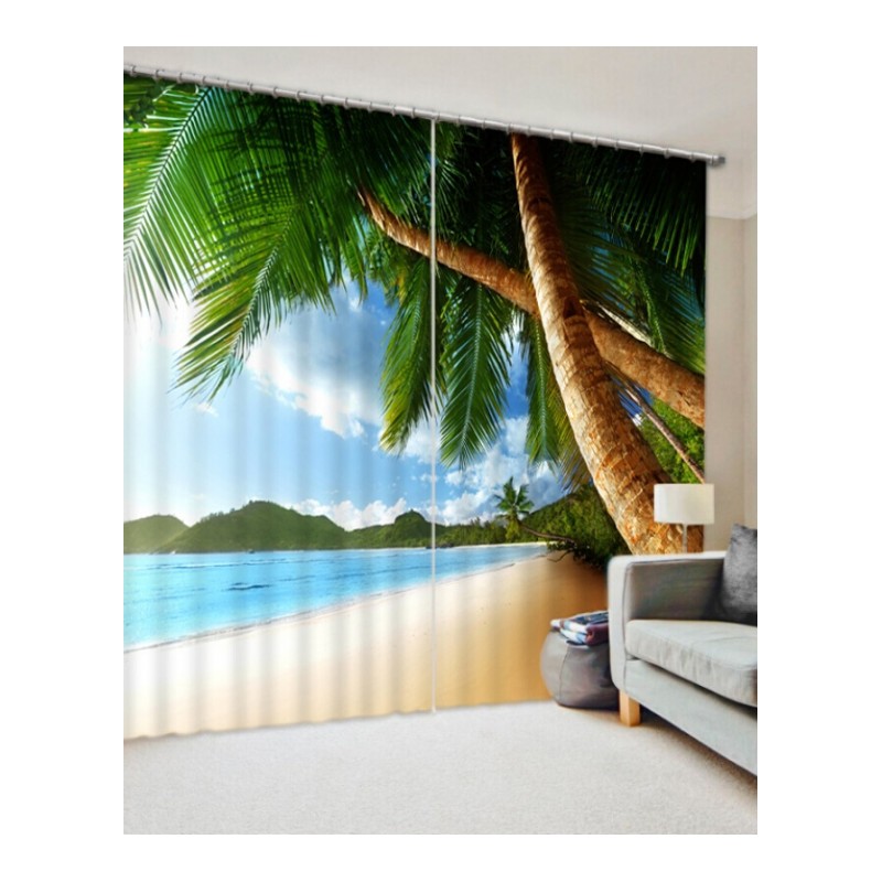 3D立体大海椰树海鸥客厅办公室酒店风景地中海遮隔音成品艺术窗帘挂钩-黑丝遮光布成品
