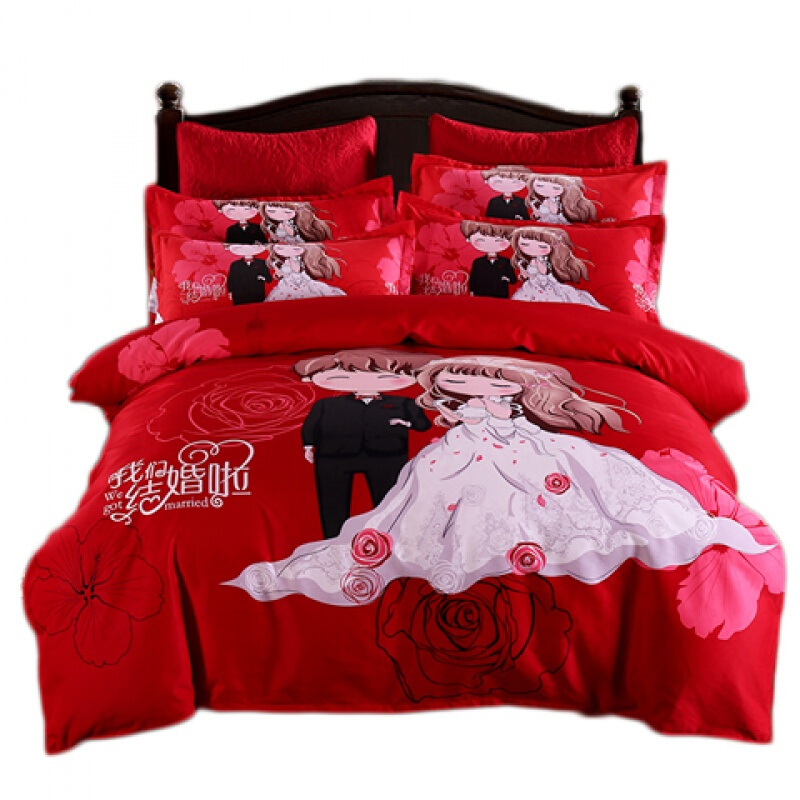 大红色婚庆床上用品四件套全棉纯棉新婚被套床单结婚用床品六件套