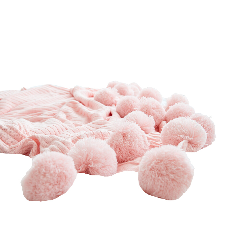 网红仙美针织球毯北欧纯棉毛毯夏季空毯ins装饰毯盖毯单人毯子球球毯(粉色)150cmx200cm