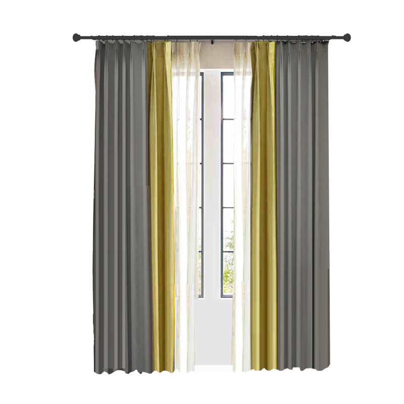 北欧窗帘ins风格客厅卧室遮光简约现代美式黄色灰色拼色纯色拼接