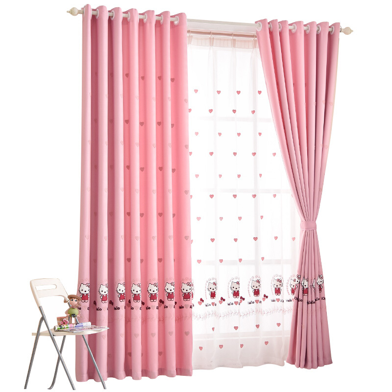 韩式儿童房公主风棉麻绣花粉色落地遮光窗帘布料成品客厅卧室