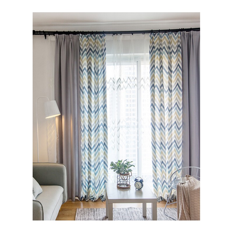 美式北欧风格成品窗帘定制几何简约客厅卧室落地窗麻料拼接遮光布