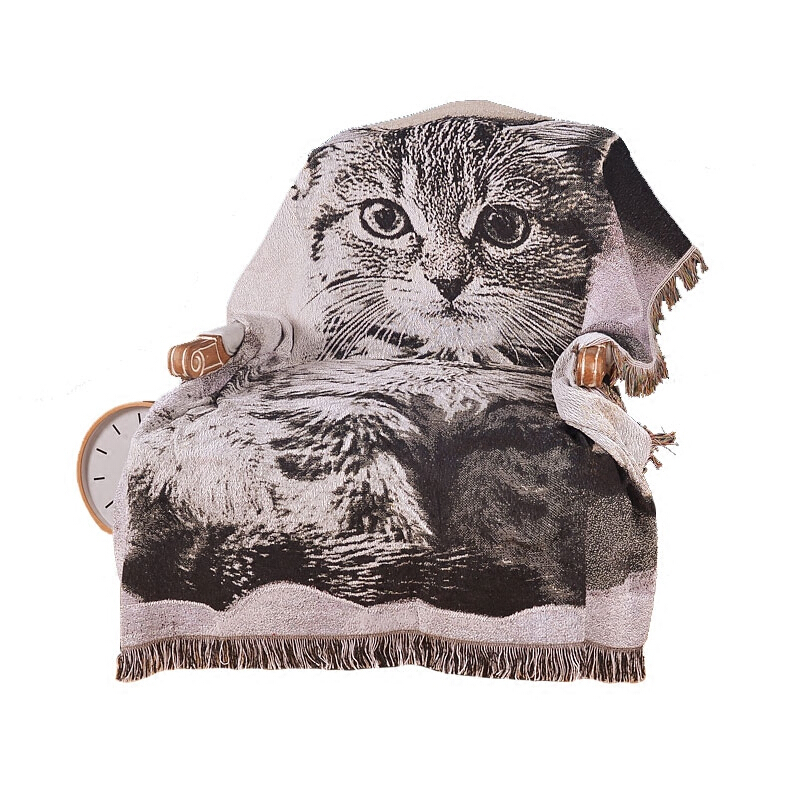 北欧卡通美式猫咪毯子纯棉线毯沙飘窗床尾毯装饰毯毛毯盖毯猫咪130cm*160cm