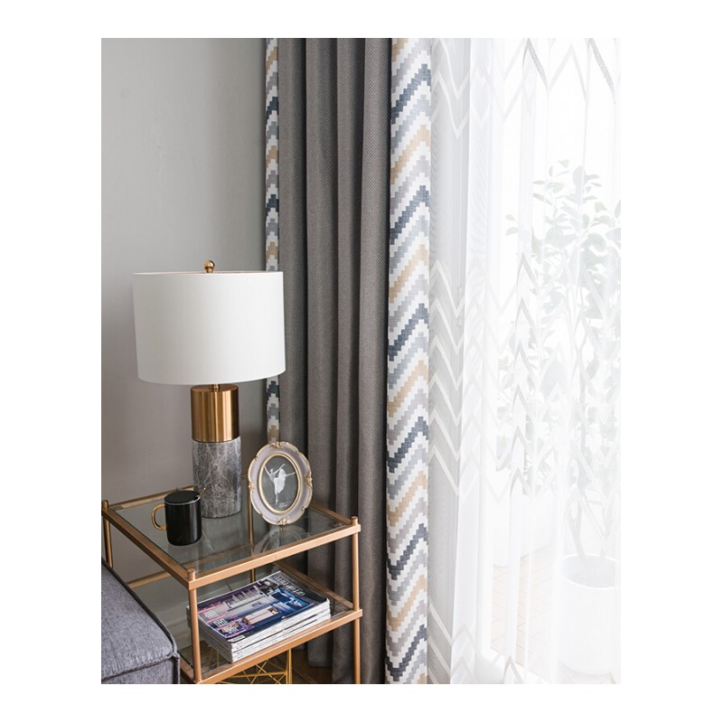 新款美式北欧风格窗帘成品几何简约现代遮光客厅卧室落地棉麻拼接(蓝色)一道拼接款宽3.5高2.7布带挂钩1片
