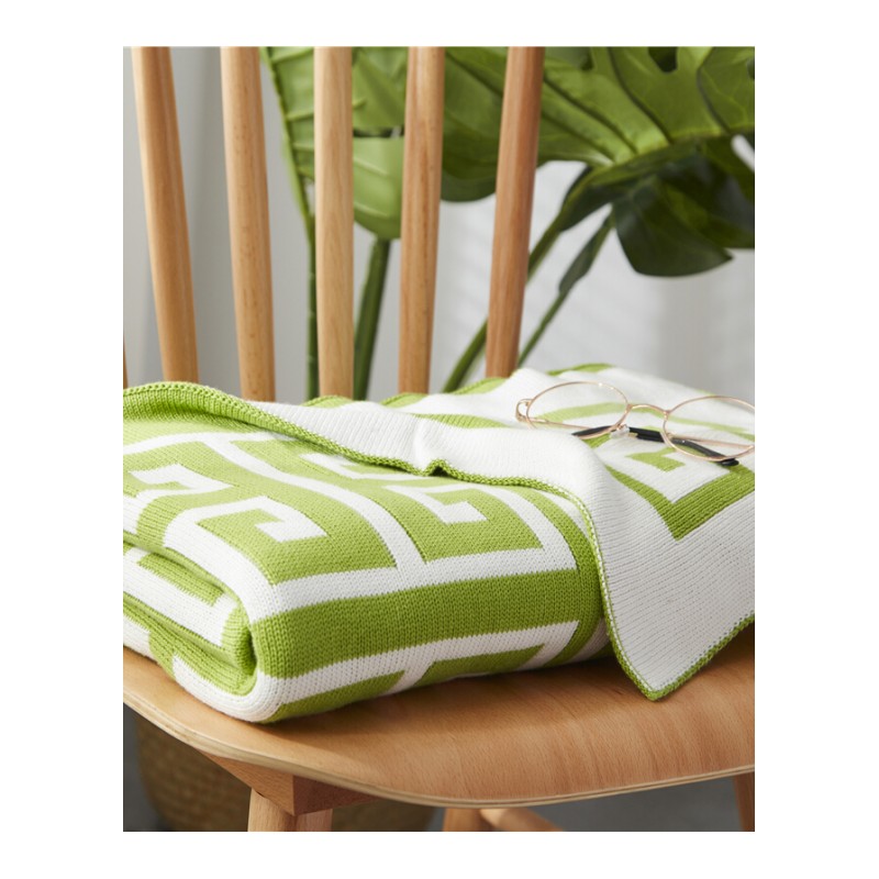 北欧春夏纯棉毛毯办公室沙空毯午睡毯针织盖毯休闲毯子双层毯绿白回字130cm*160cm